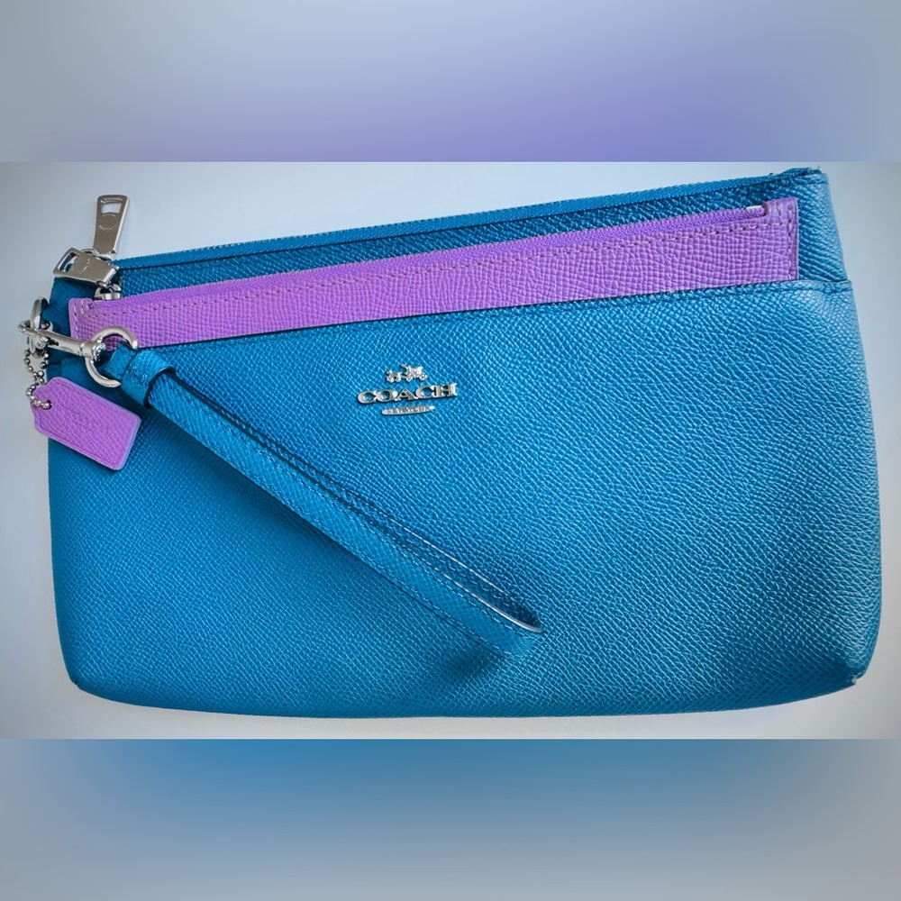 Coach Colorblock Leather Wristlet Wallet Blue Purple Zip Clutch Pouch